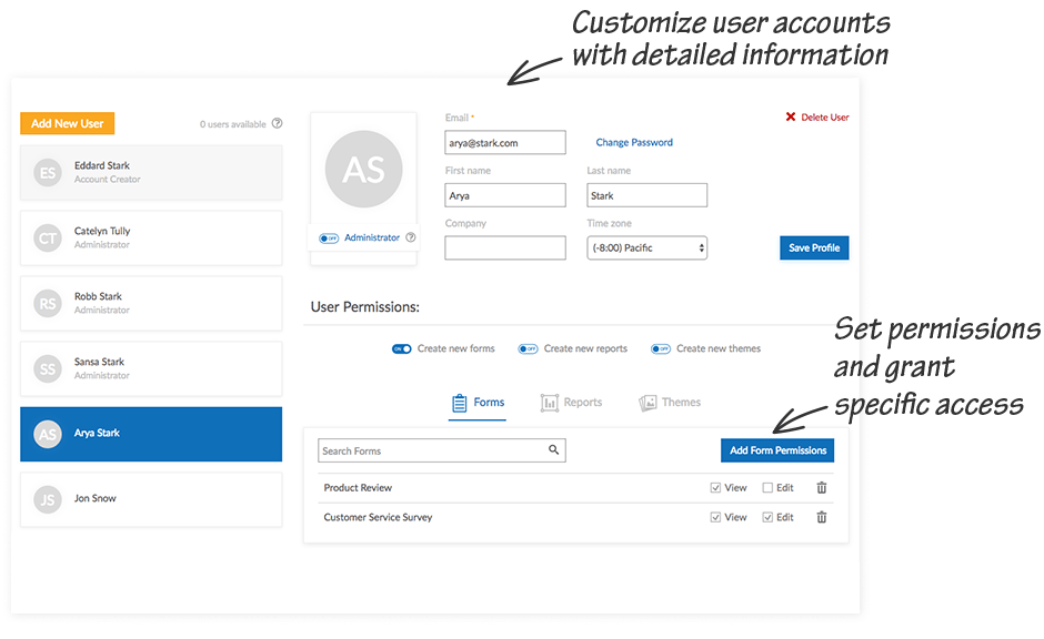 With form creator you can customize user accounts with detailed information and avatars. Set permissions and grant specific access