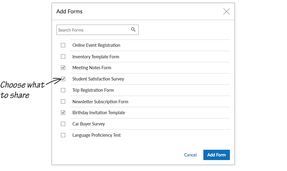 Grant access to specific forms, reports and themes, Choose what you share